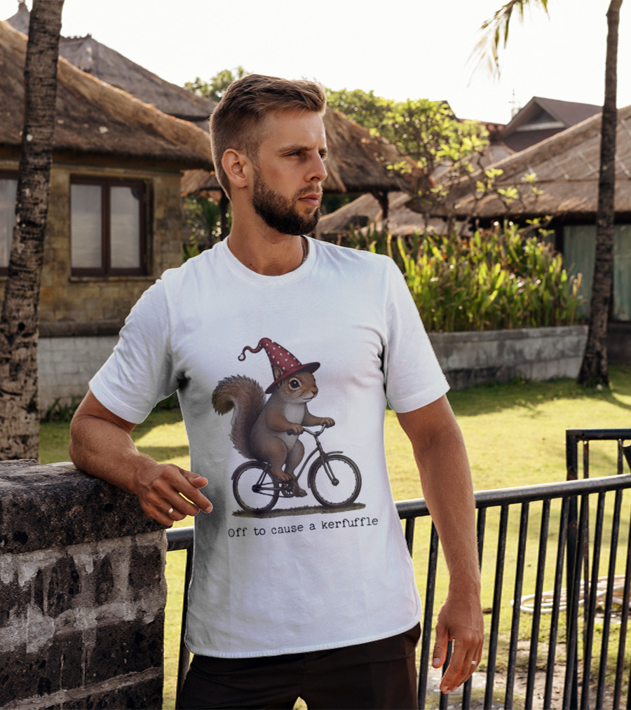 Squirrel In Wizard Hat Riding Bicycle Off To Cause A Kerfuffle T-Shirt