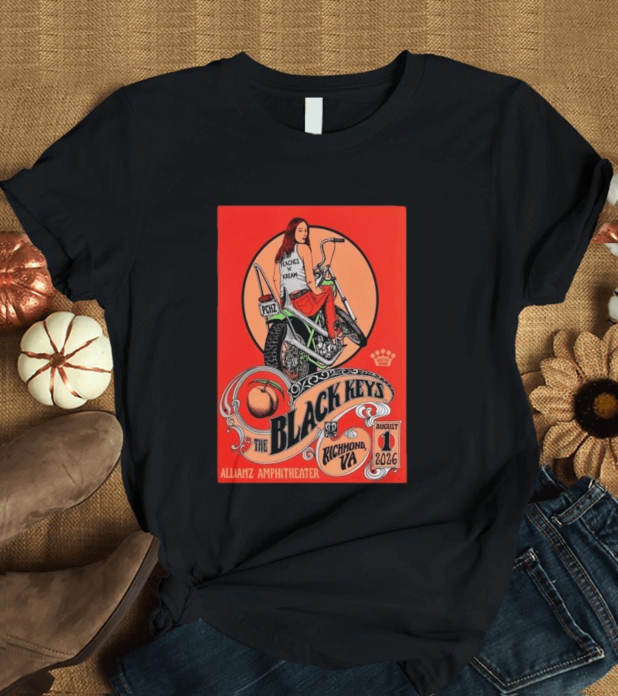 The Black Keys Allianz Amphitheater Richmond VA August 1 2026 Peaches N Kream Motorcycle T-Shirt