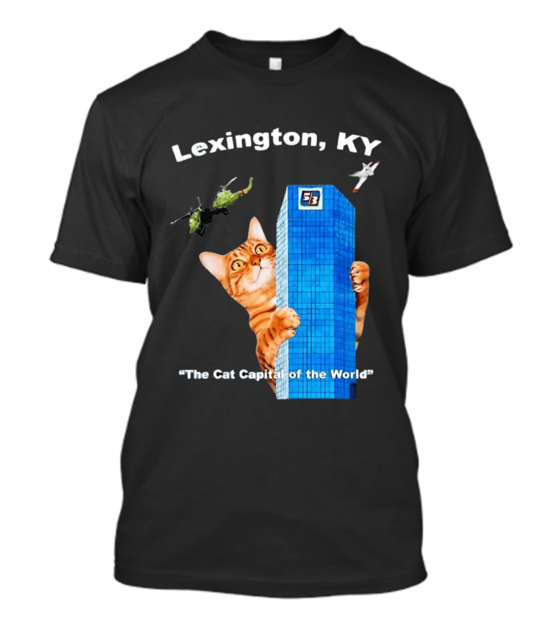 Lexington KY The Cat Capital Of The World Funny Cat With Building And Helicopter T-Shirt