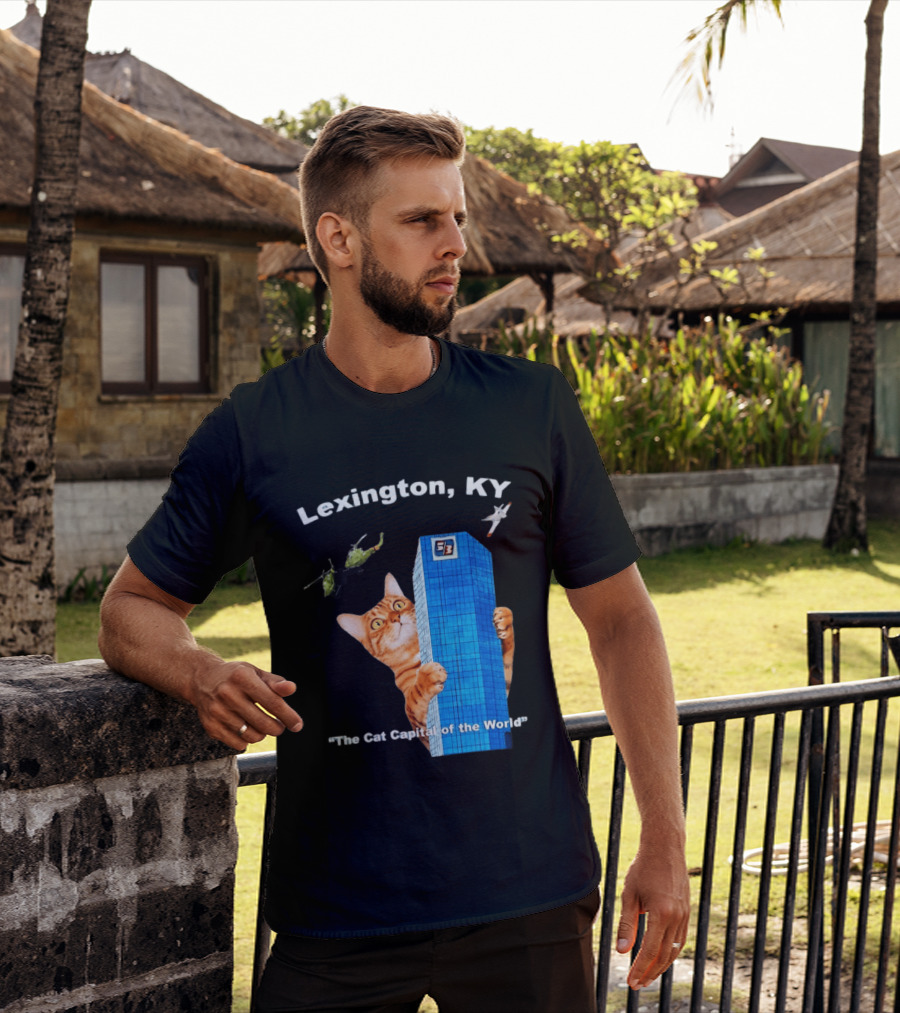 Lexington KY The Cat Capital Of The World Funny Cat With Building And Helicopter T-Shirt