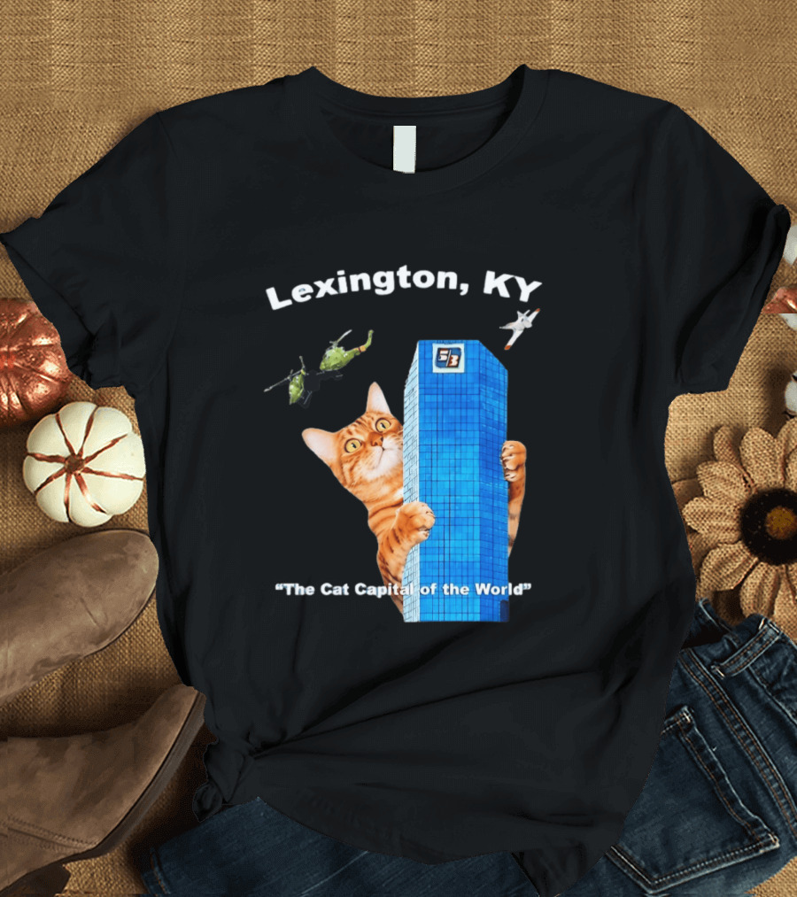 Lexington KY The Cat Capital Of The World Funny Cat With Building And Helicopter T-Shirt