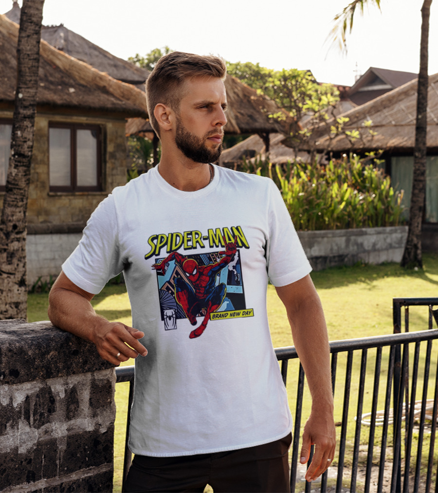 Spider Man Brand New Day Iconic Comic Style Swinging Action T-Shirt
