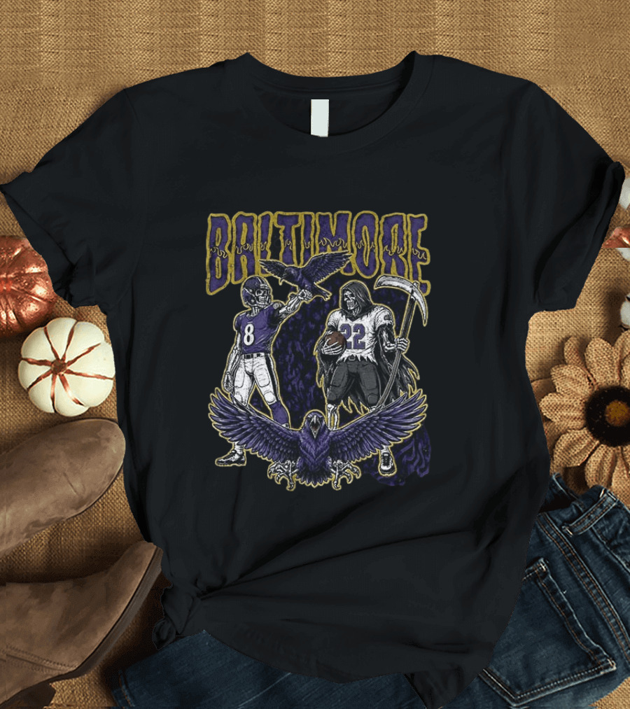 Baltimore Ravens Football Skeleton Lamar Jackson Derrick Henry Ravens T-Shirt