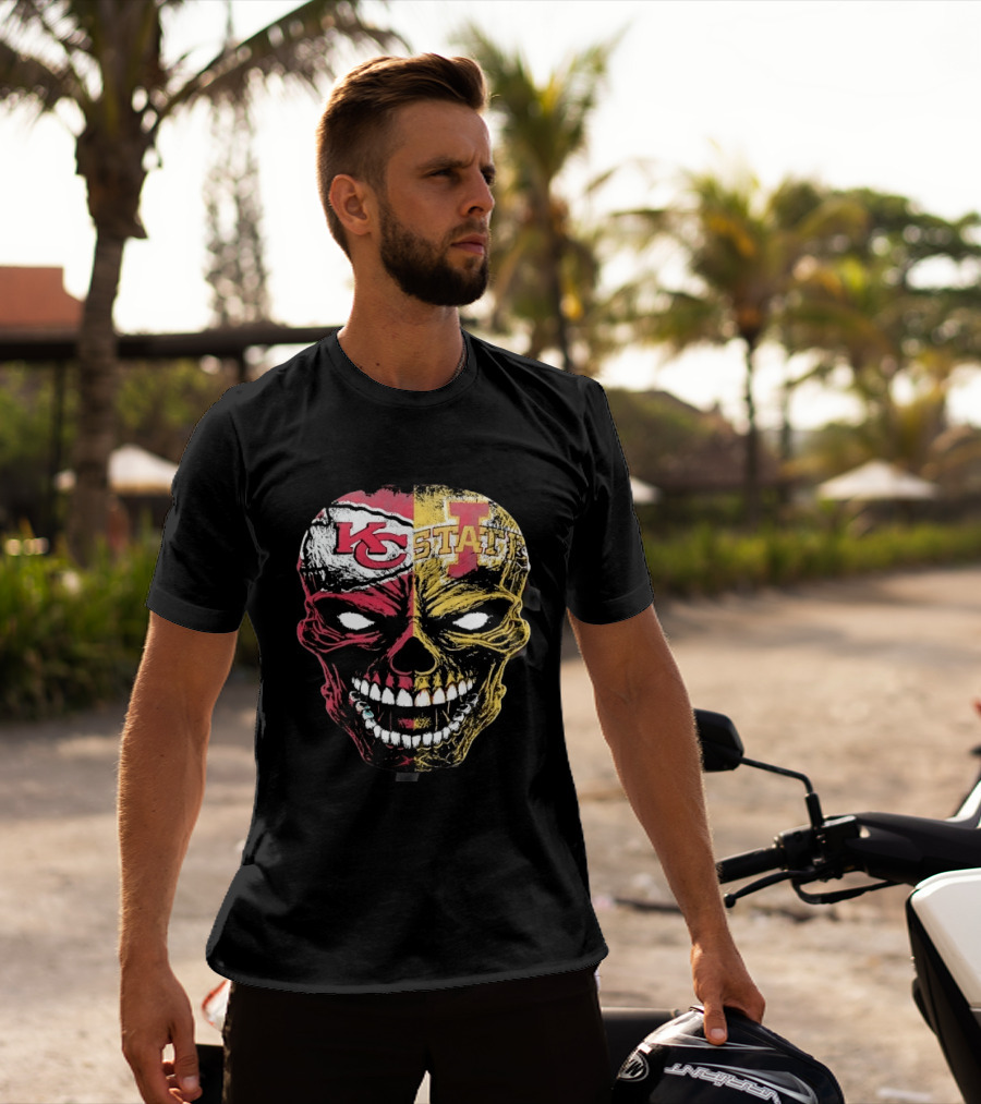 Kansas City Chiefs Iowa State Cyclones Skull Split Face T-Shirt