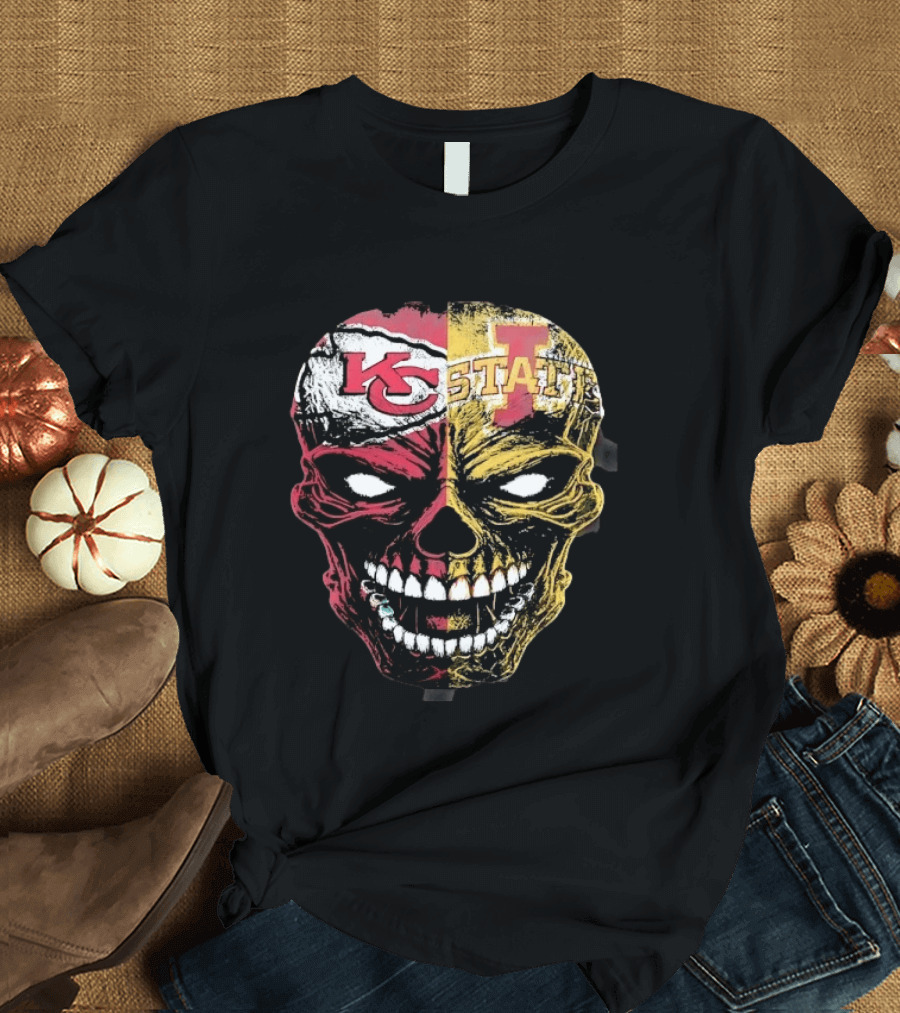 Kansas City Chiefs Iowa State Cyclones Skull Split Face T-Shirt