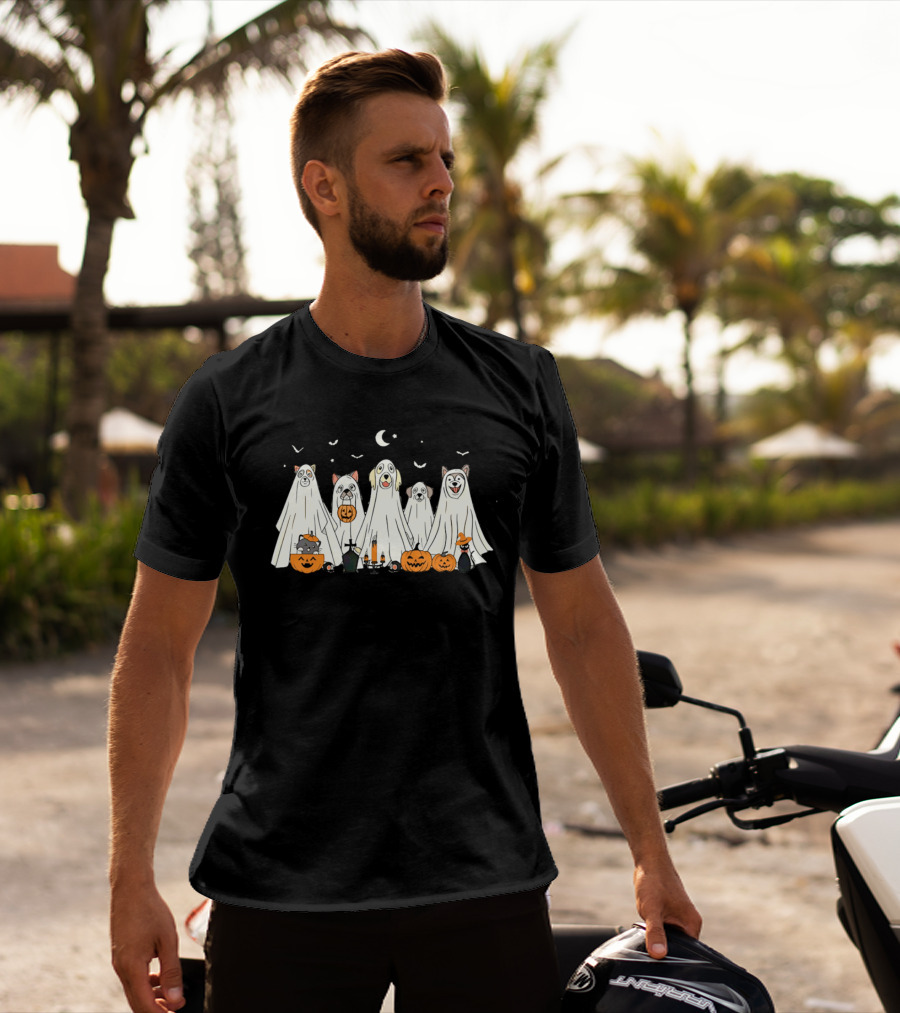 Halloween Ghost Dog Pack With Pumpkins And Moonlit Night T-Shirt