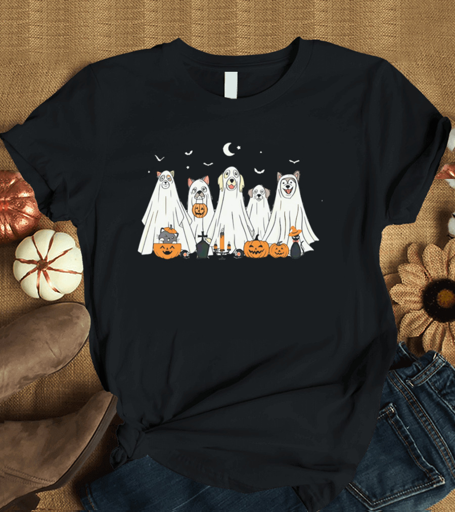 Halloween Ghost Dog Pack With Pumpkins And Moonlit Night T-Shirt