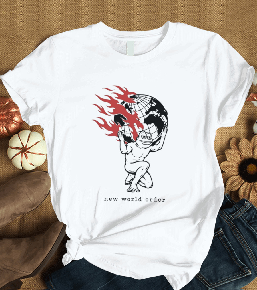 Frog Carrying Burning Earth With Flames New World Order T-Shirt
