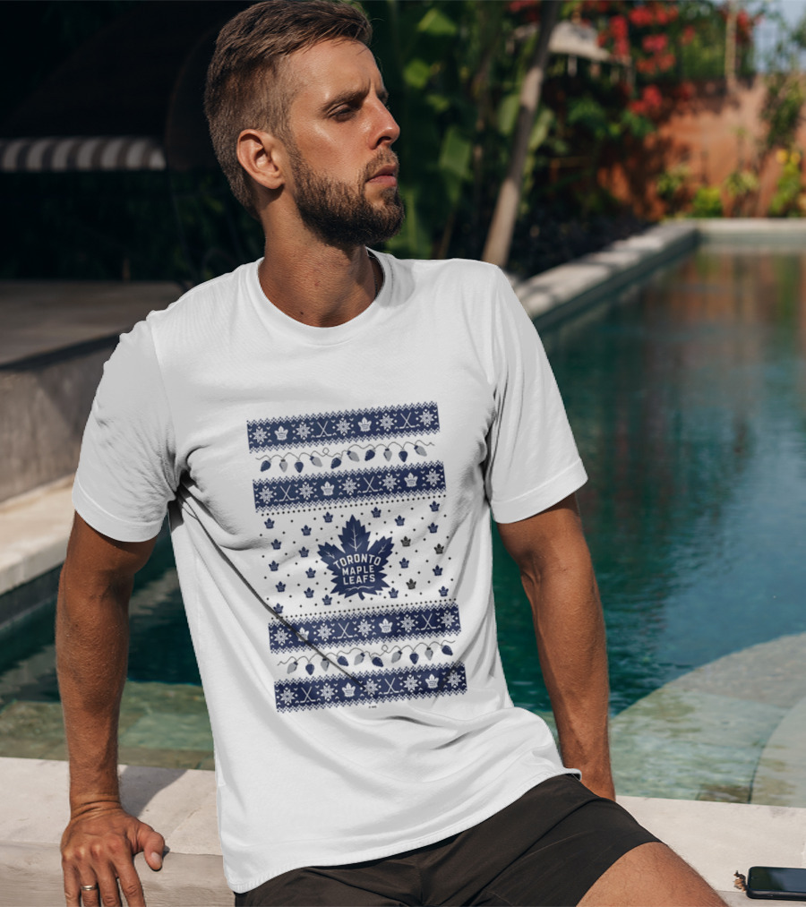 Toronto Maple Leafs Holiday Lights Festive Pattern Leafs Logo Snowflakes T-Shirt