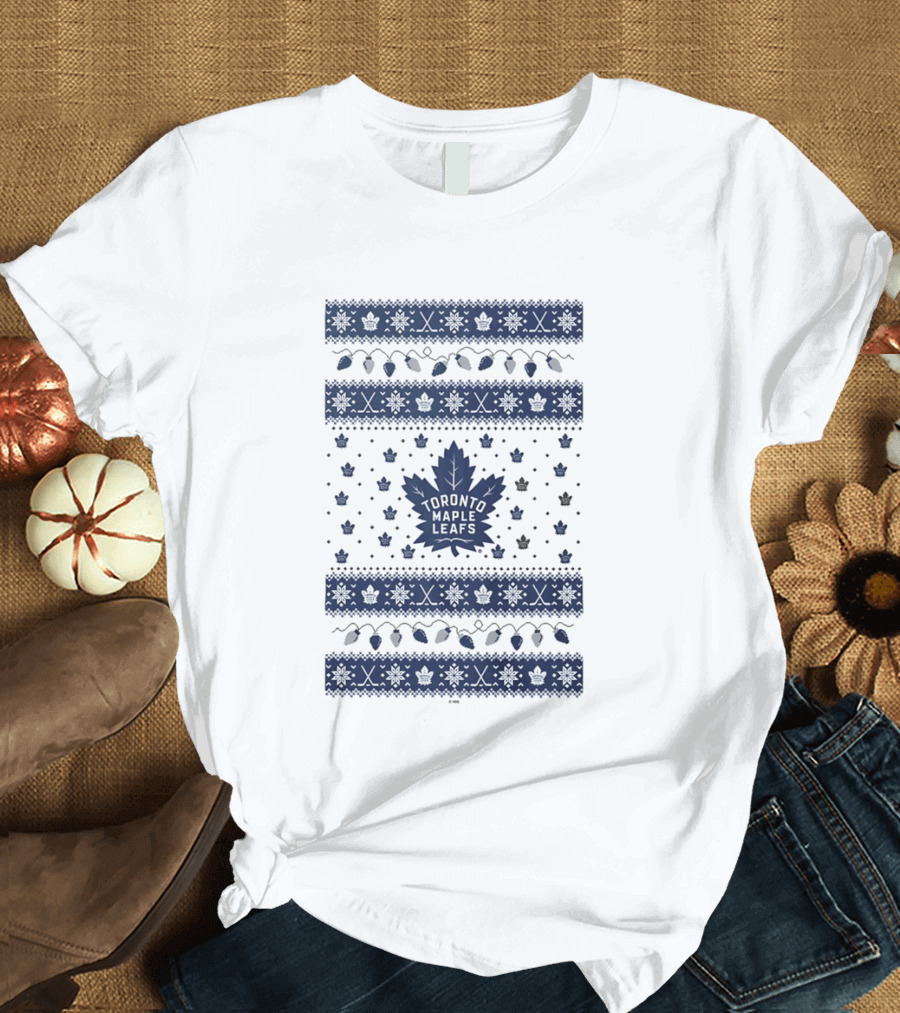 Toronto Maple Leafs Holiday Lights Festive Pattern Leafs Logo Snowflakes T-Shirt