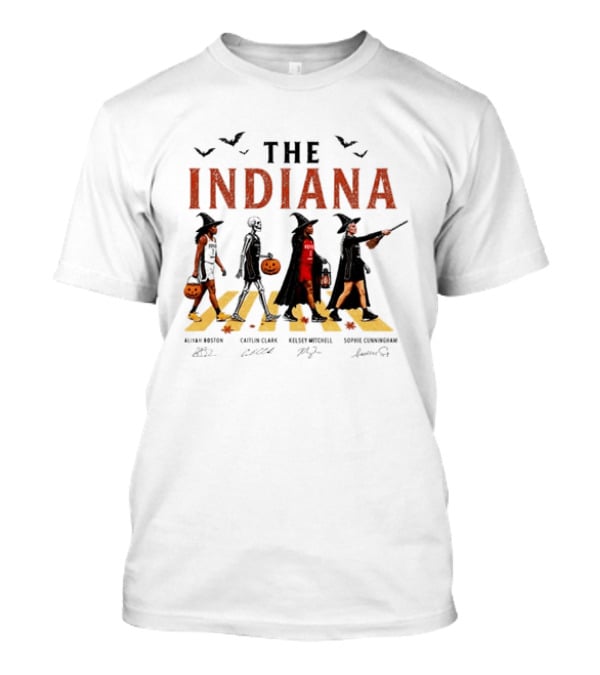 The Indiana Fever WNBA Aliyah Boston Caitlin Clark Kelsey Mitchell Sophie Cunningham Halloween Crosswalk Skeleton Witches Pumpkin T-Shirt
