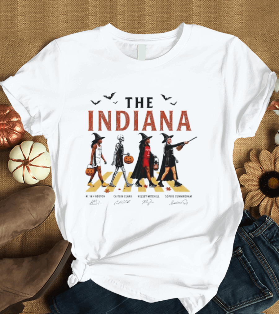The Indiana Fever WNBA Aliyah Boston Caitlin Clark Kelsey Mitchell Sophie Cunningham Halloween Crosswalk Skeleton Witches Pumpkin T-Shirt