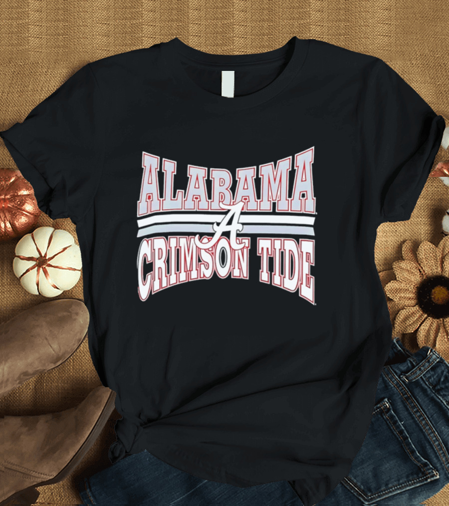 Alabama Crimson Tide Script A Curved Stripes Block Lettering T-Shirt