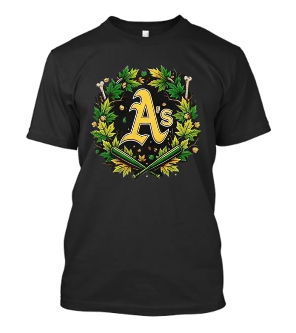 A's Halloween Maple Leaves Skull Crossed Bats Baseballs T-Shirt
