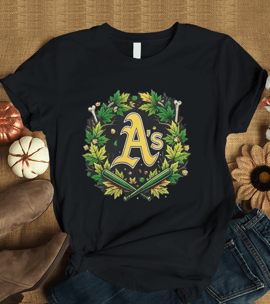 A's Halloween Maple Leaves Skull Crossed Bats Baseballs T-Shirt