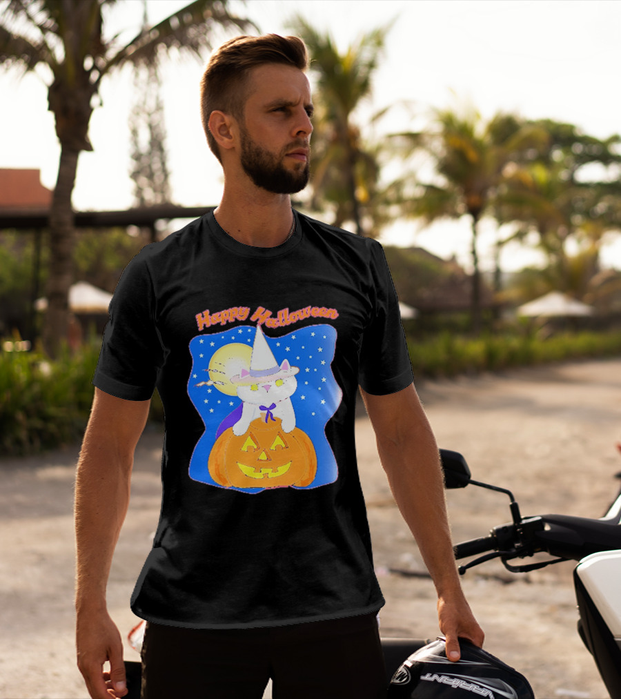 Happy Halloween Cat Witch On Pumpkin With Full Moon And Stars T-Shirt
