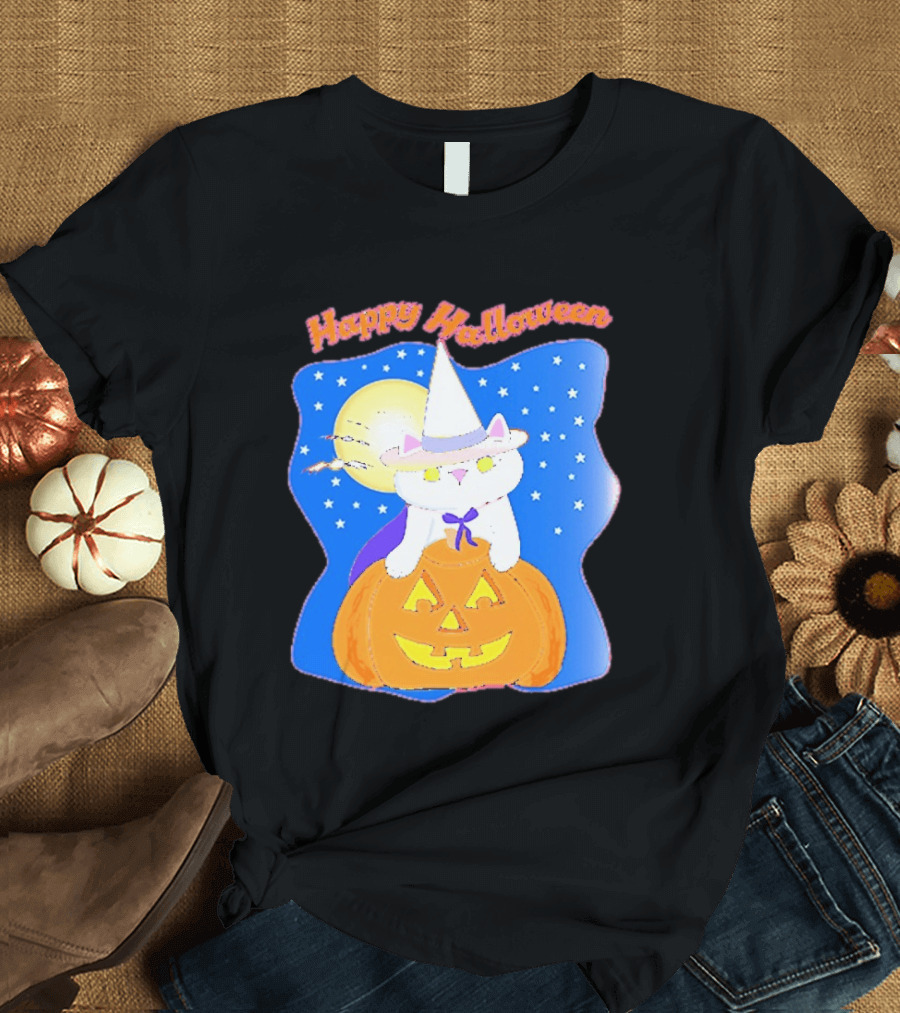 Happy Halloween Cat Witch On Pumpkin With Full Moon And Stars T-Shirt