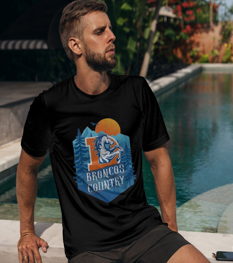 Denver Broncos Country Logo Football Mountain Sunset T-Shirt