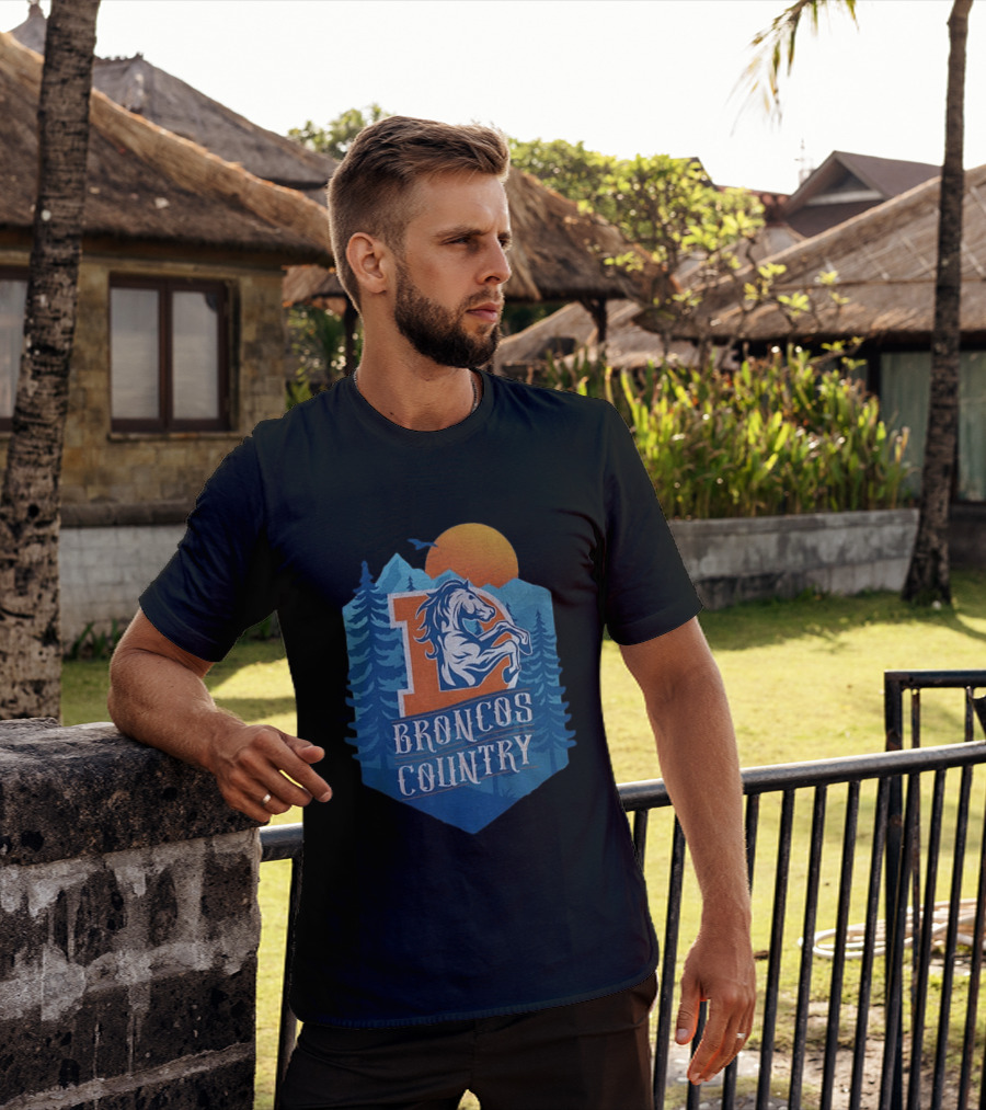 Denver Broncos Country Logo Football Mountain Sunset T-Shirt