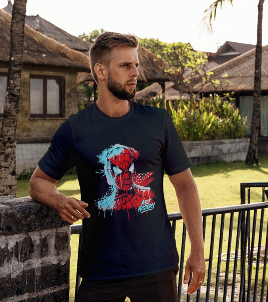 Spider Man Mask Dripping Paint Graffiti Art History Halftone Splatter T-Shirt