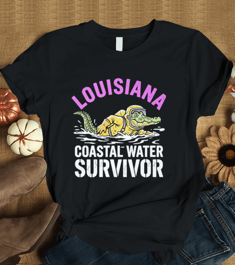 Louisiana Coastal Water Survivor Cartoon Alligator Yellow Hazmat Suit T-Shirt