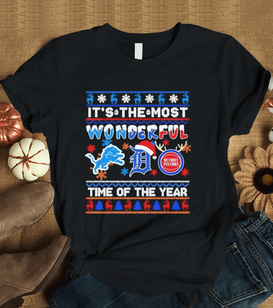 Detroit Lions And Pistons Christmas 2026 It's The Most Wonderful Time Of The Year T-Shirt