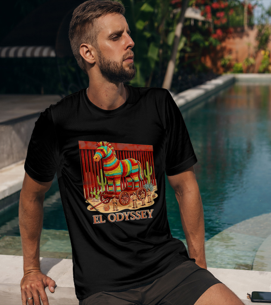 El Odyssey Piñata Horse Statue At Border With Cacti And Soldiers T-Shirt