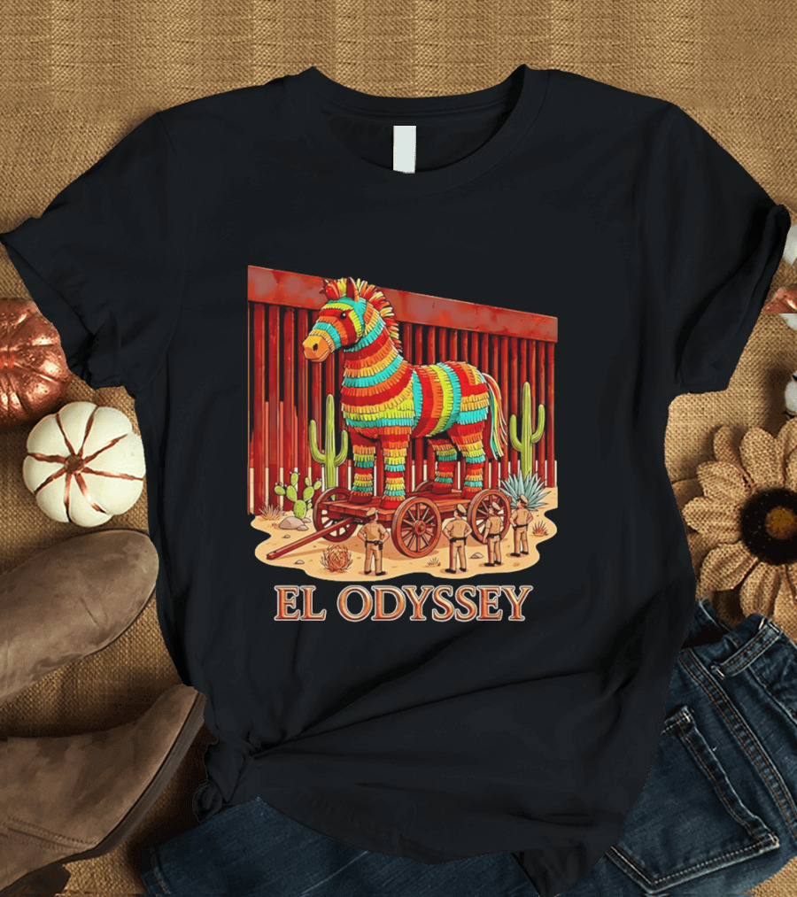 El Odyssey Piñata Horse Statue At Border With Cacti And Soldiers T-Shirt