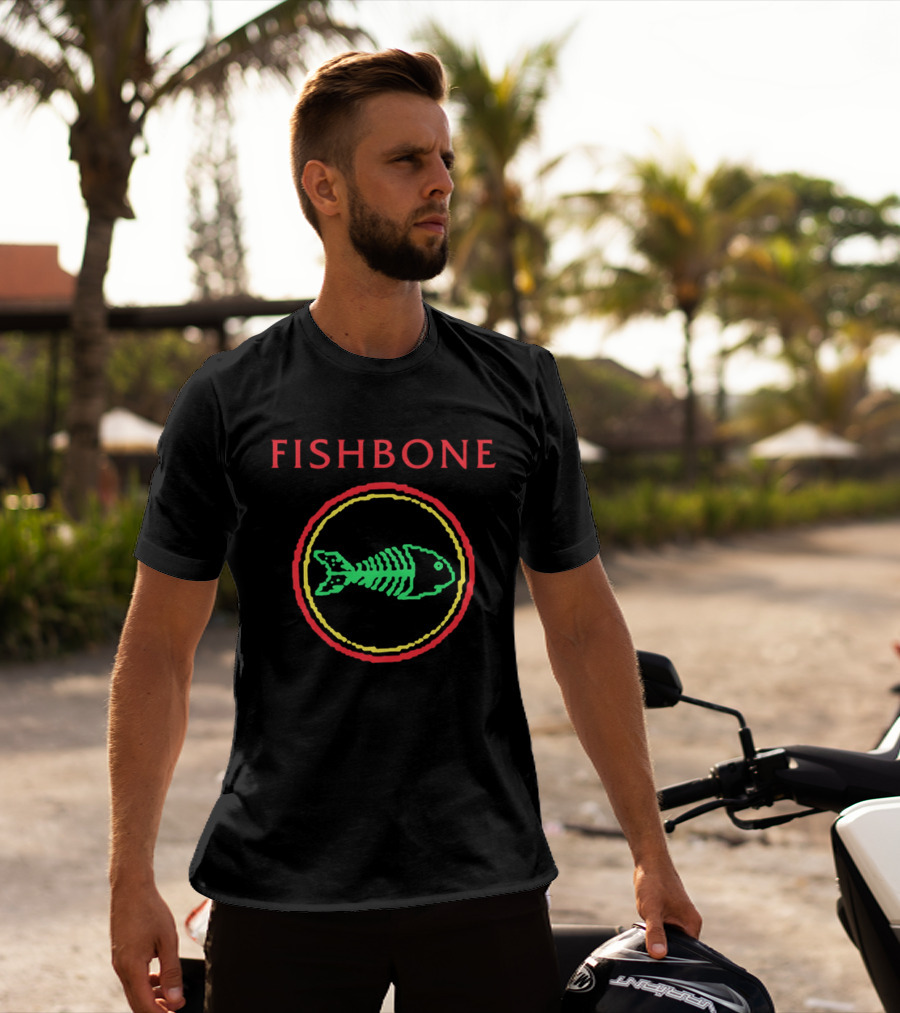 Fishbone Red Text Green Fish Skeleton Yellow Circular Frame T-Shirt
