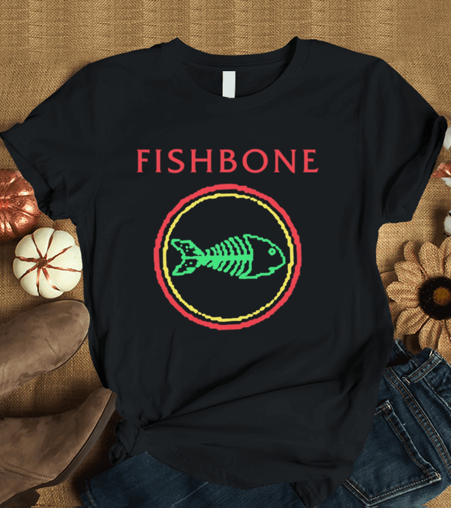Fishbone Red Text Green Fish Skeleton Yellow Circular Frame T-Shirt