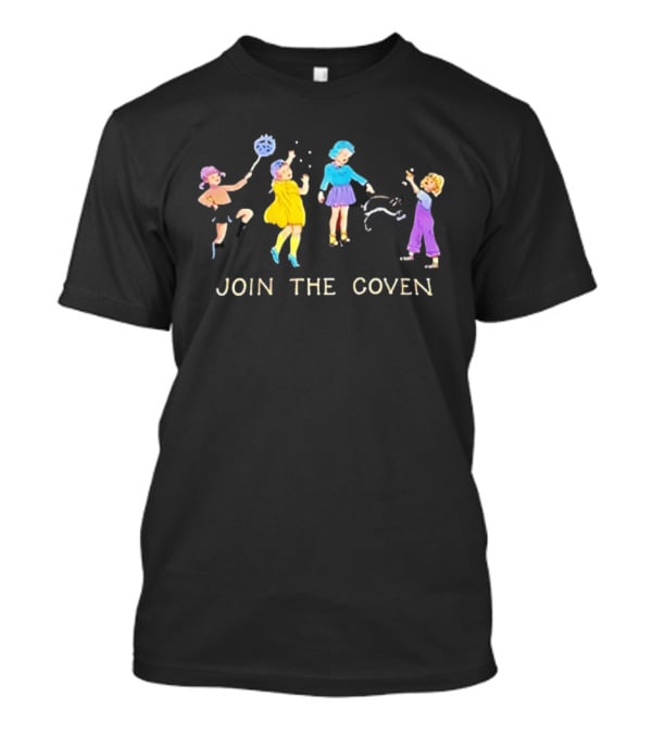 Join The Coven Funny Retro Witchy Kids Playing With Black Cat T-Shirt