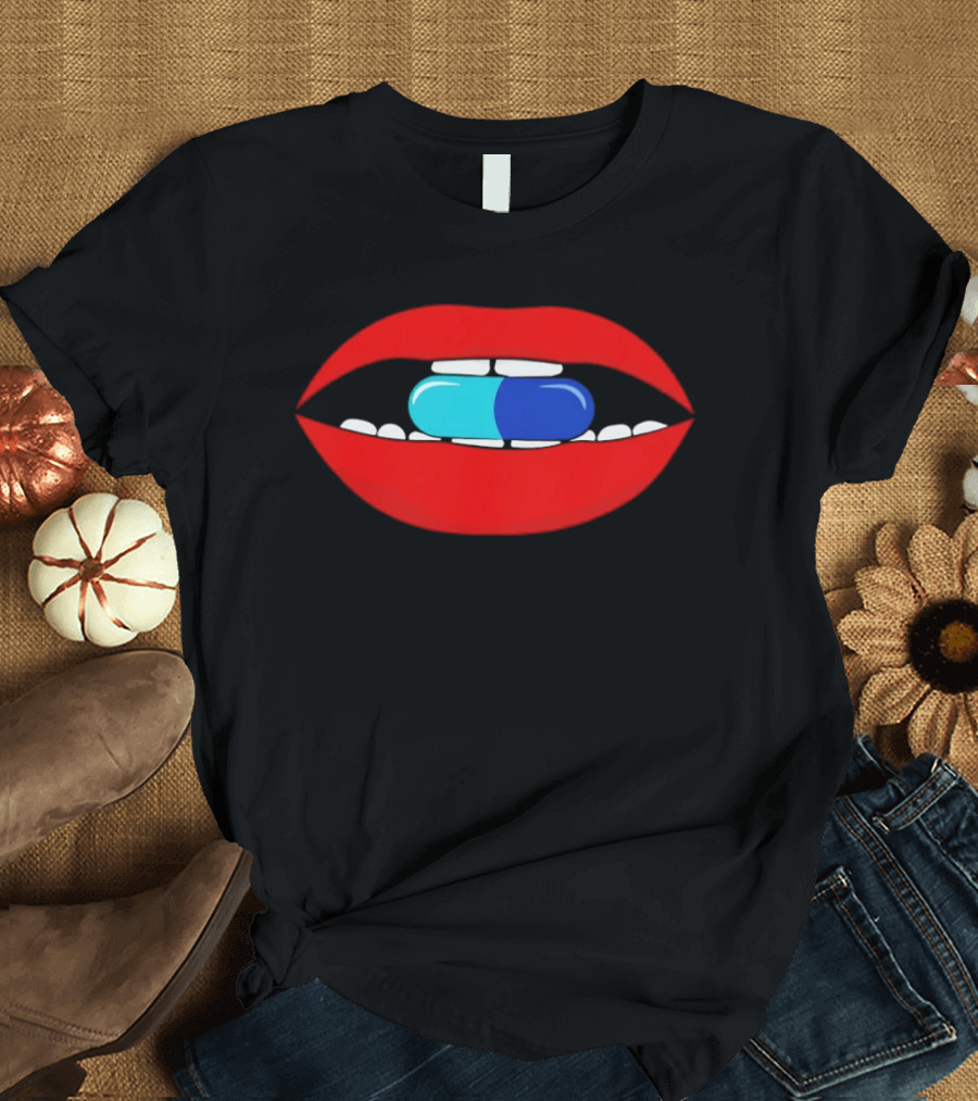 Red Lips Blue And Cyan Pill Bite T-Shirt