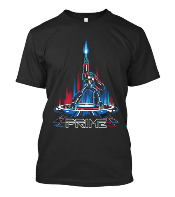 Prime Neon Robot Raising Glowing Light Beam Circular Platform T-Shirt