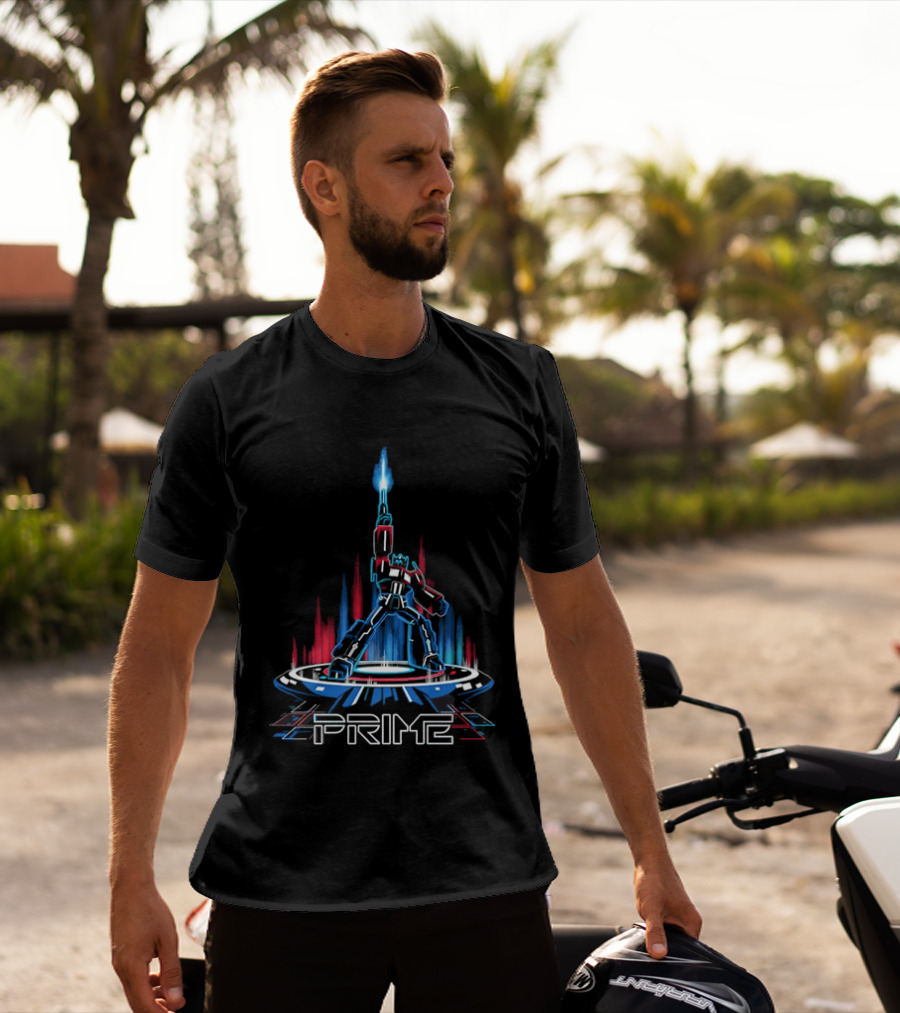 Prime Neon Robot Raising Glowing Light Beam Circular Platform T-Shirt
