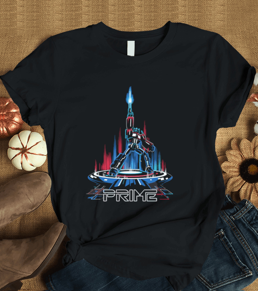 Prime Neon Robot Raising Glowing Light Beam Circular Platform T-Shirt