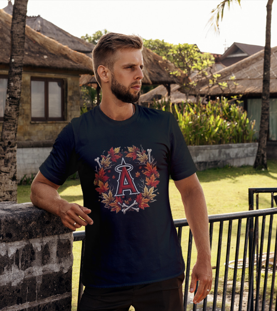 Los Angeles Angels Maple Leaves Skull Crossed Bats Baseballs Halloween T-Shirt