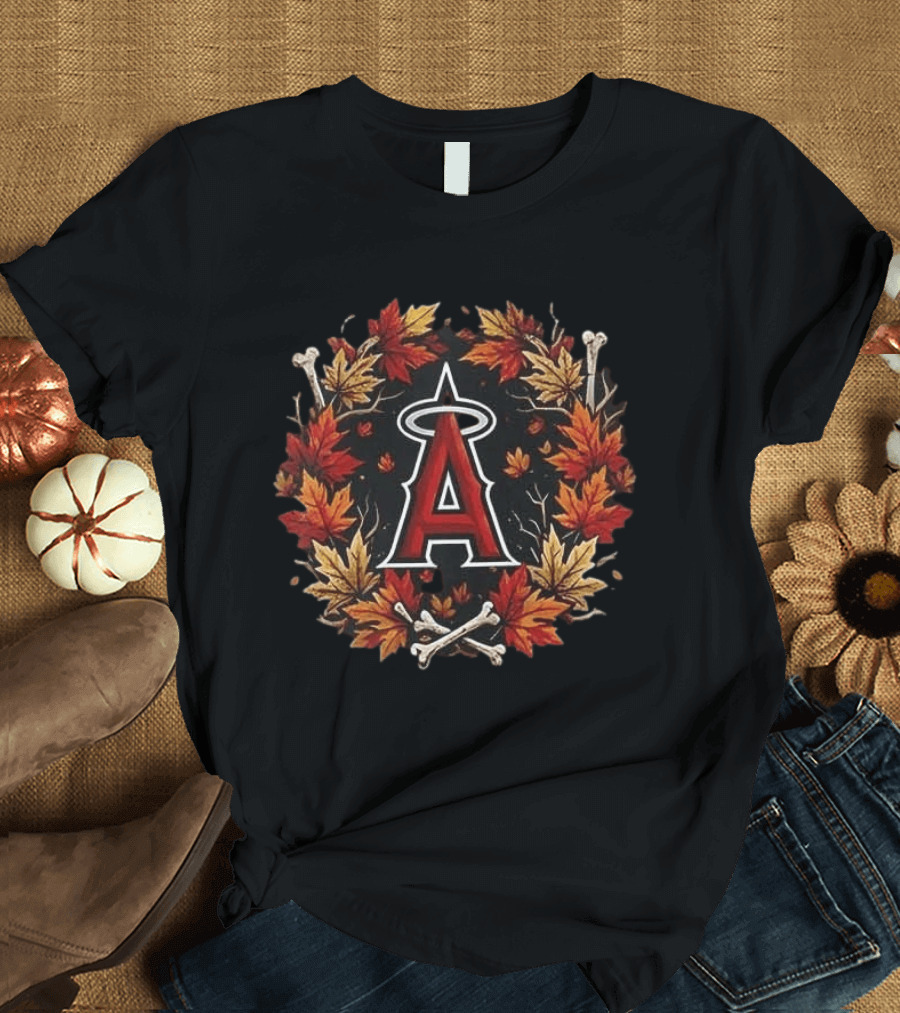 Los Angeles Angels Maple Leaves Skull Crossed Bats Baseballs Halloween T-Shirt