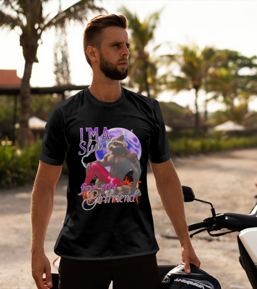 I'm A Slut For My Girlfriend Raccoon Muscular Character And Moon T-Shirt