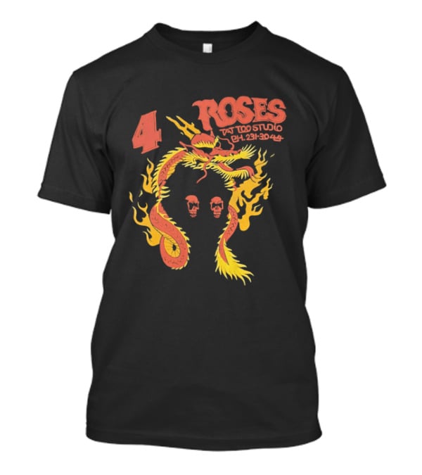 4 Roses Tattoo Studio Ph 231 3044 Dragon Yellow Flames Red Skulls T-Shirt