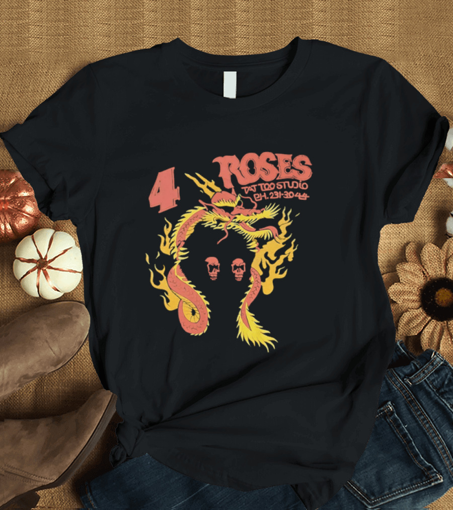 4 Roses Tattoo Studio Ph 231 3044 Dragon Yellow Flames Red Skulls T-Shirt