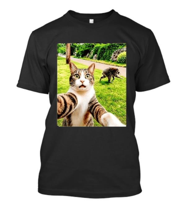 Shocked Face Tabby Cat Taking Selfie With Running Raccoon On Lawn Road T-Shirt