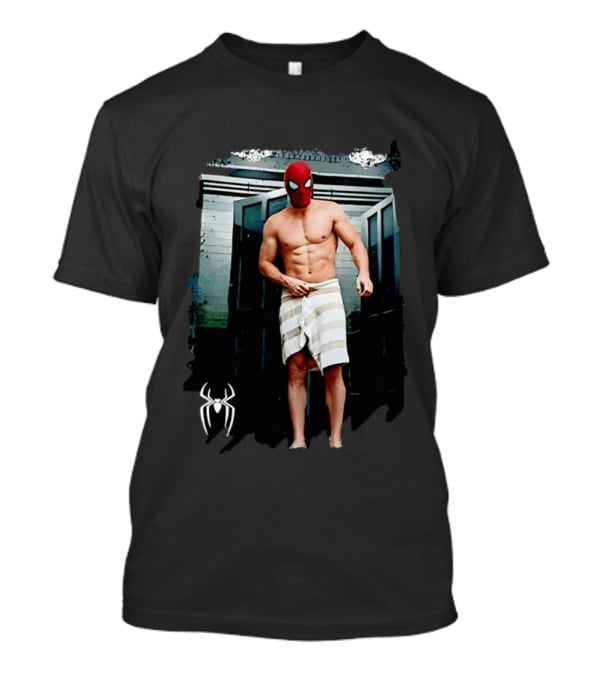 Spider Man Masked Figure In Towel Scene With Iconic White Spider T-Shirt