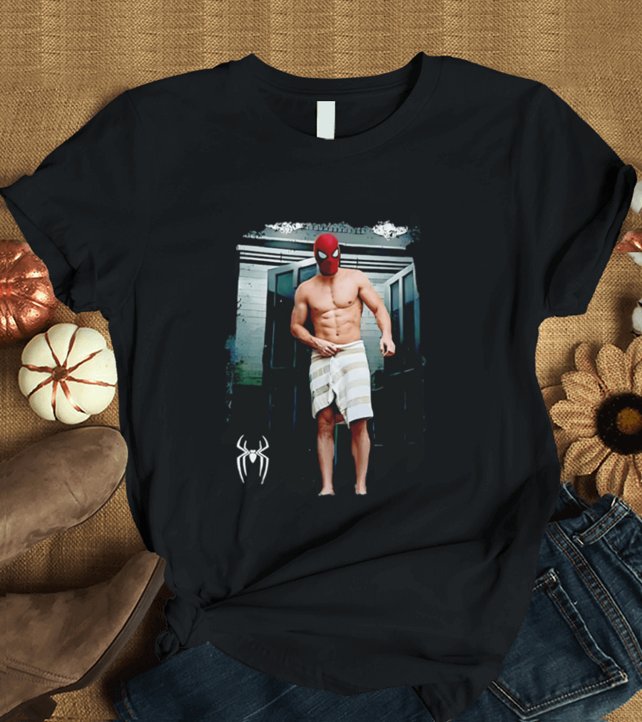 Spider Man Masked Figure In Towel Scene With Iconic White Spider T-Shirt
