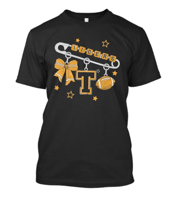 Tigers Cheer Bow Safety Pin Varsity Letter Football Charms Stars T-Shirt