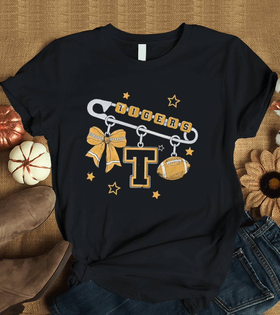 Tigers Cheer Bow Safety Pin Varsity Letter Football Charms Stars T-Shirt