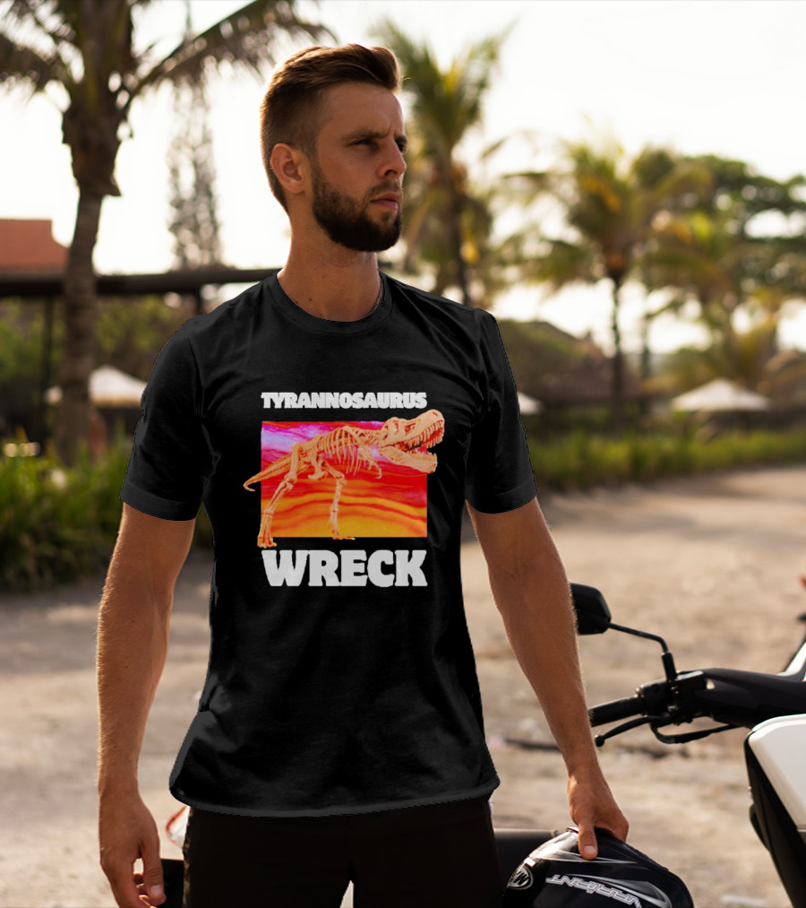 Tyrannosaurus Wreck Dinosaur Pun With Rex Skeleton On Sunset T-Shirt