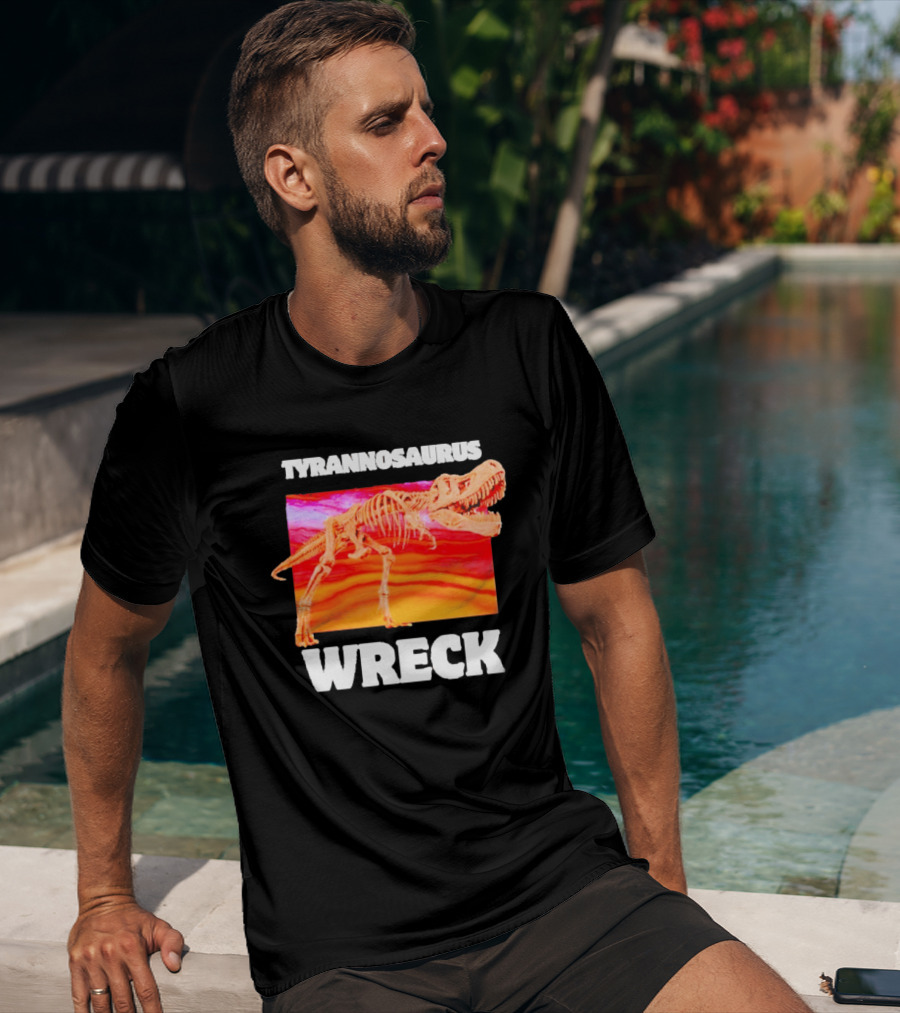Tyrannosaurus Wreck Dinosaur Pun With Rex Skeleton On Sunset T-Shirt