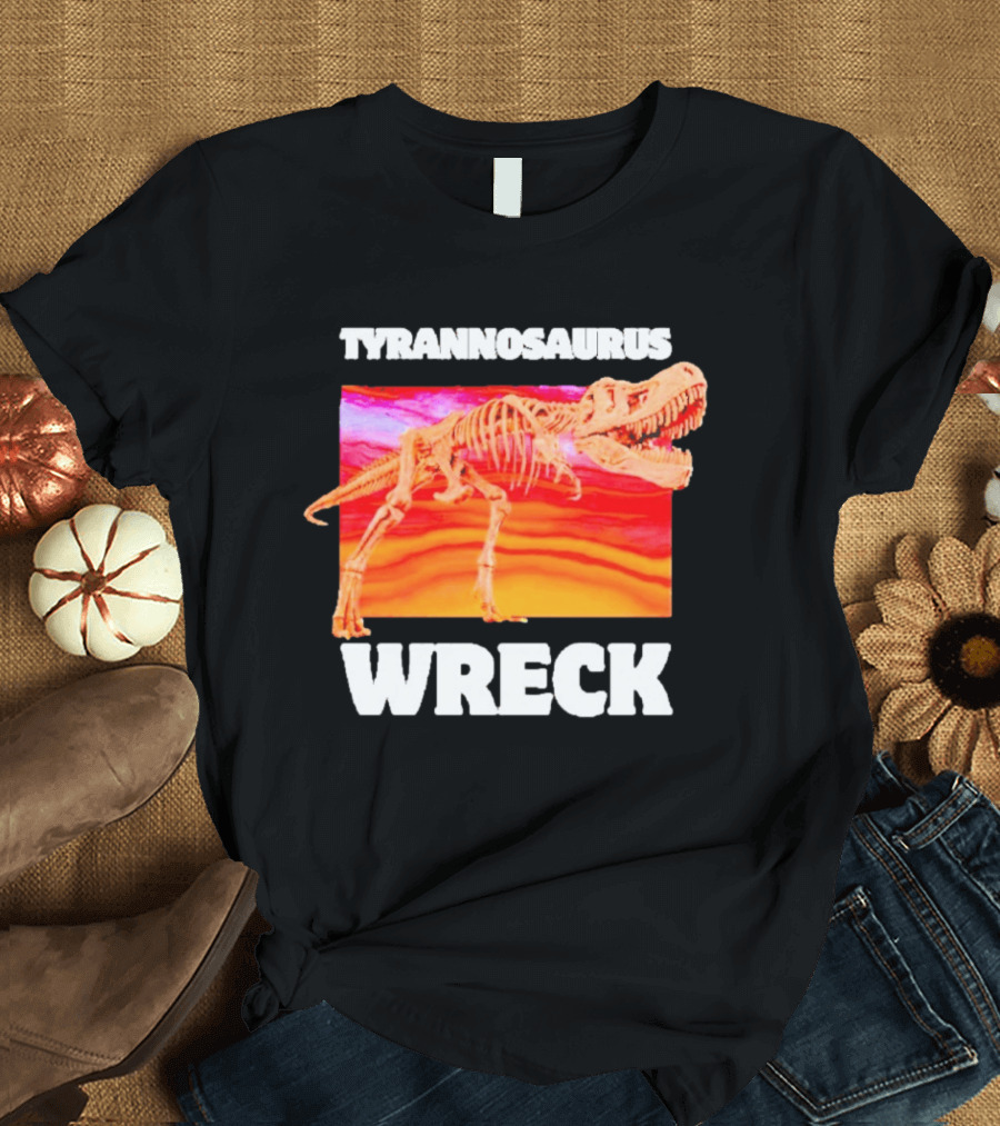 Tyrannosaurus Wreck Dinosaur Pun With Rex Skeleton On Sunset T-Shirt
