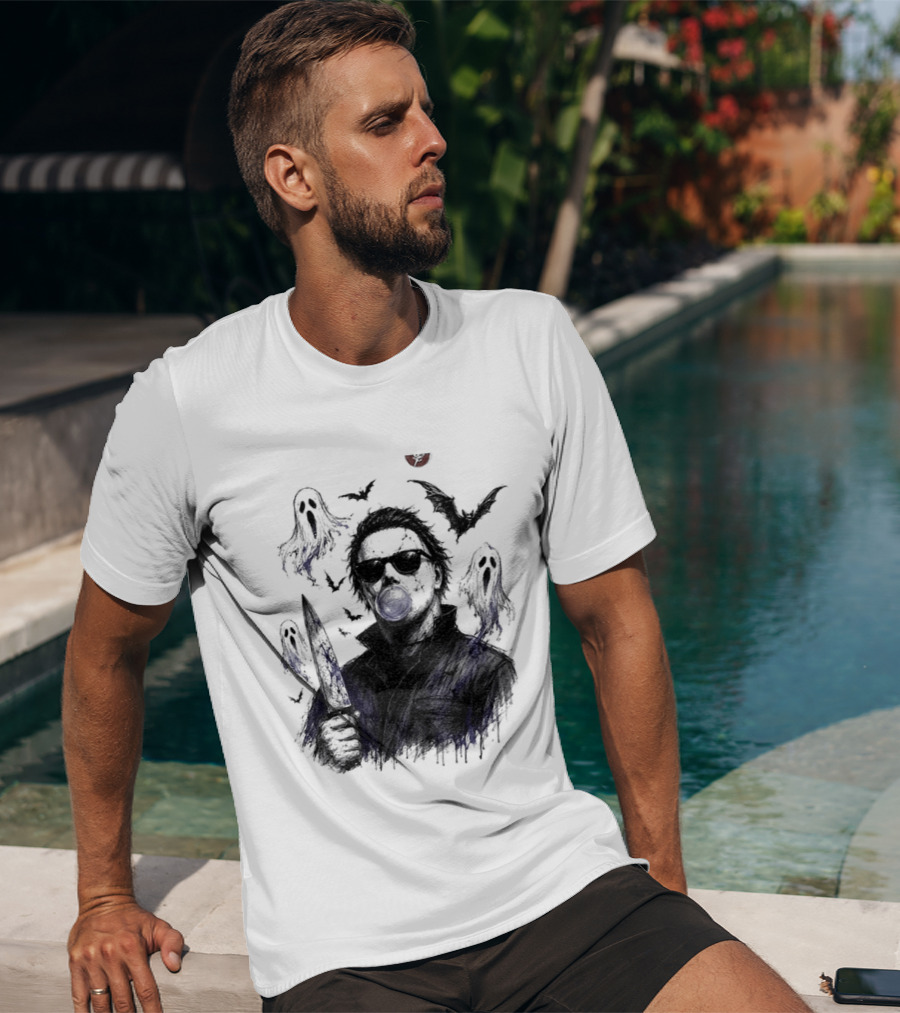 Michael Myers Bubble Gum Slasher Spooky Season Movie Ghosts And Bats T-Shirt