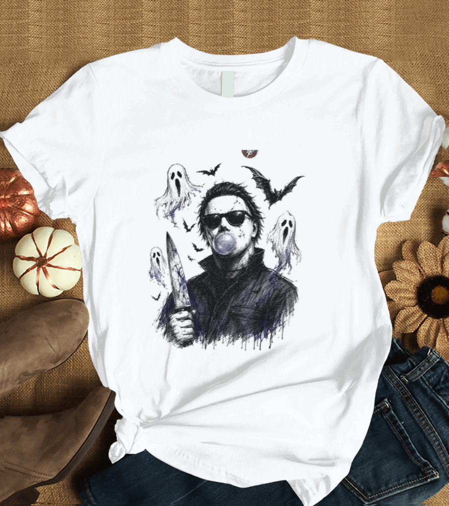 Michael Myers Bubble Gum Slasher Spooky Season Movie Ghosts And Bats T-Shirt